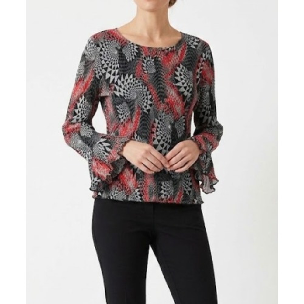 Alberto Makali Blouse XL Red Black Geometric Sequin Crinkle Bell Sleeve Artsy